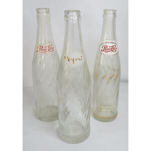 VINTAGE 3 Glass PEPSI BOTTLES Swirl 12 Ounce Soda Pop Clear Bottles Collectibles